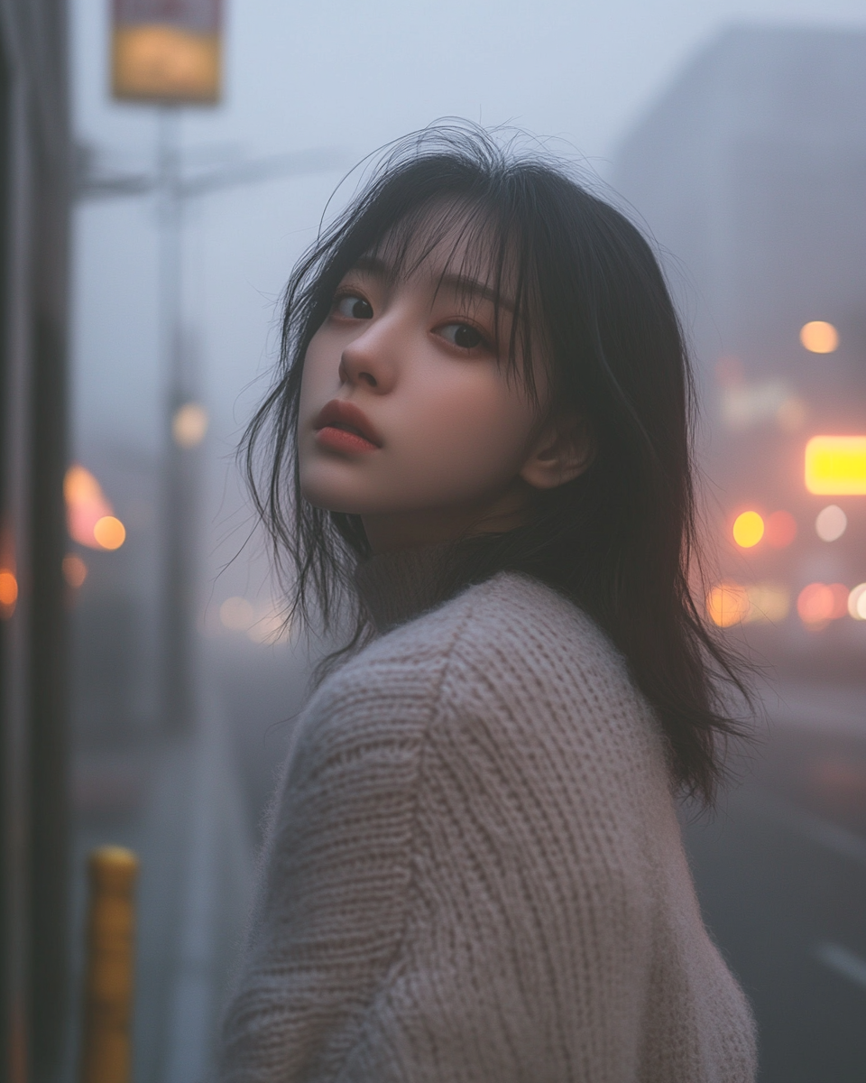 Asian woman in oversized sweater with hyperrealistic eyes.