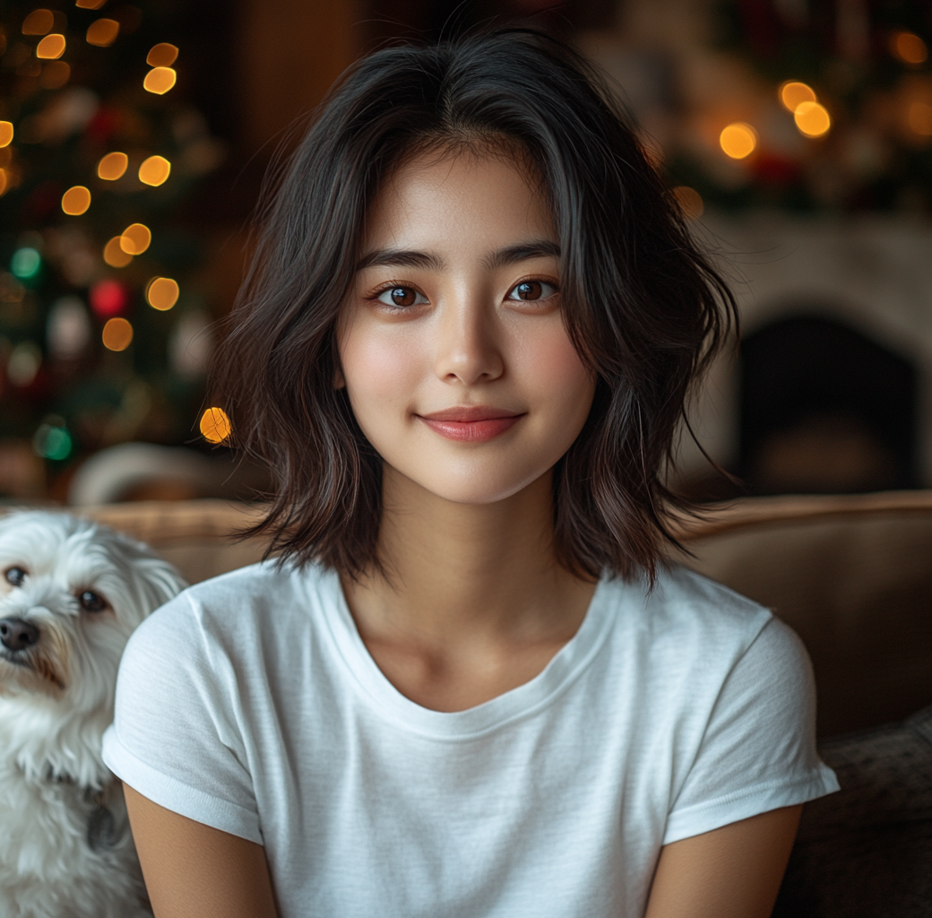 Asian woman in white shirt smiling in living room.