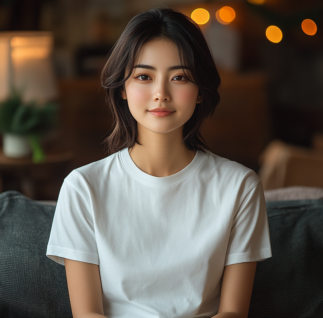 Asian woman in white t-shirt with Christmas decorations.