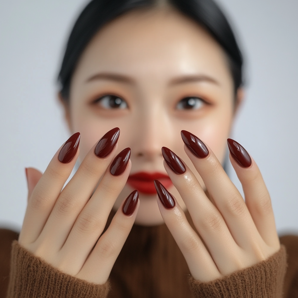 Asian woman showing glossy merlot colored almond-shaped nails.