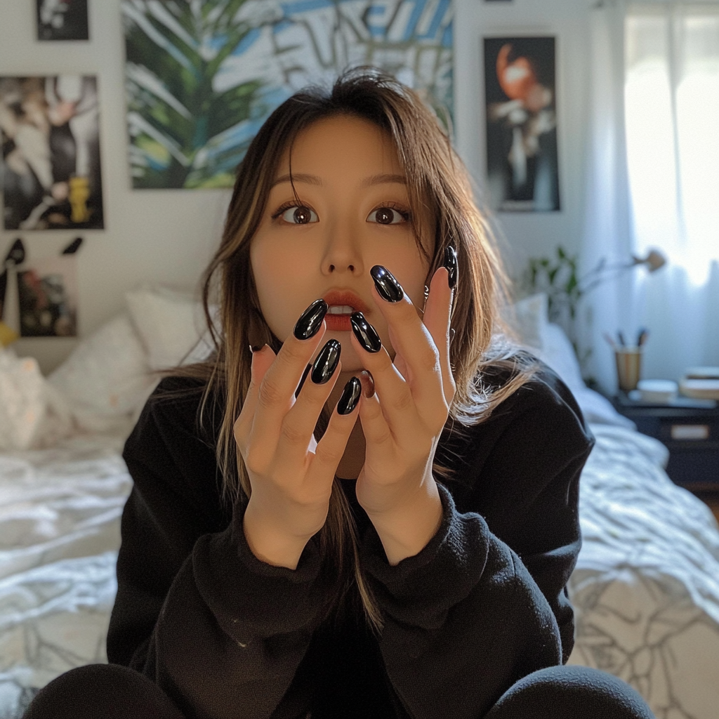 Asian woman showing nails painted black with chrome.