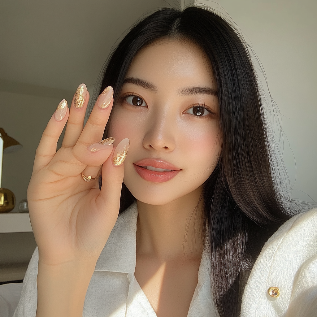 Asian woman showing new nails, gold accent line, neutral pink base, casual white top, candid photo.