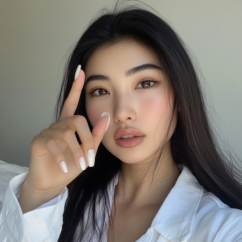 Asian woman shows off glossy white nails candidly.