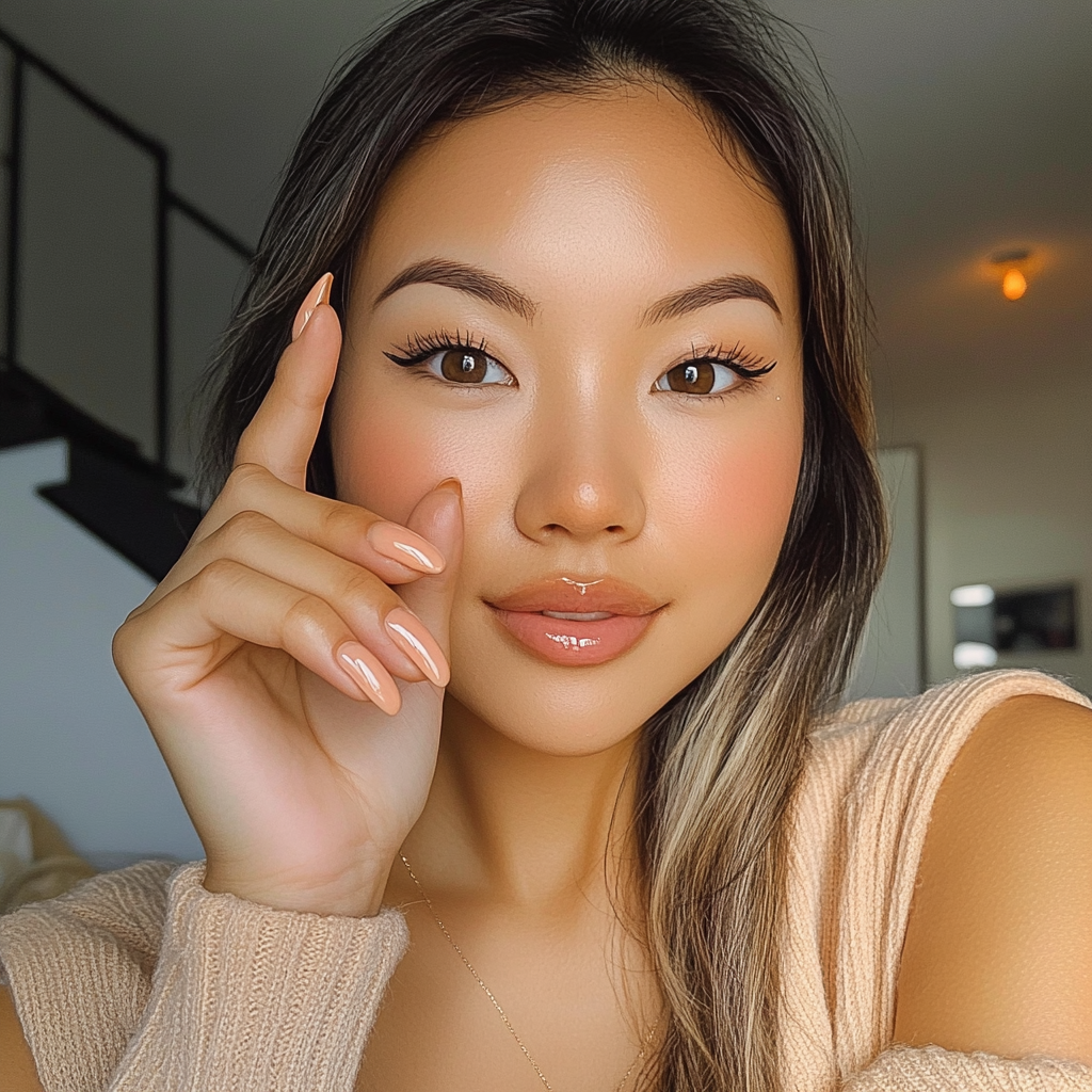 Asian woman shows off peach colored almond nails.