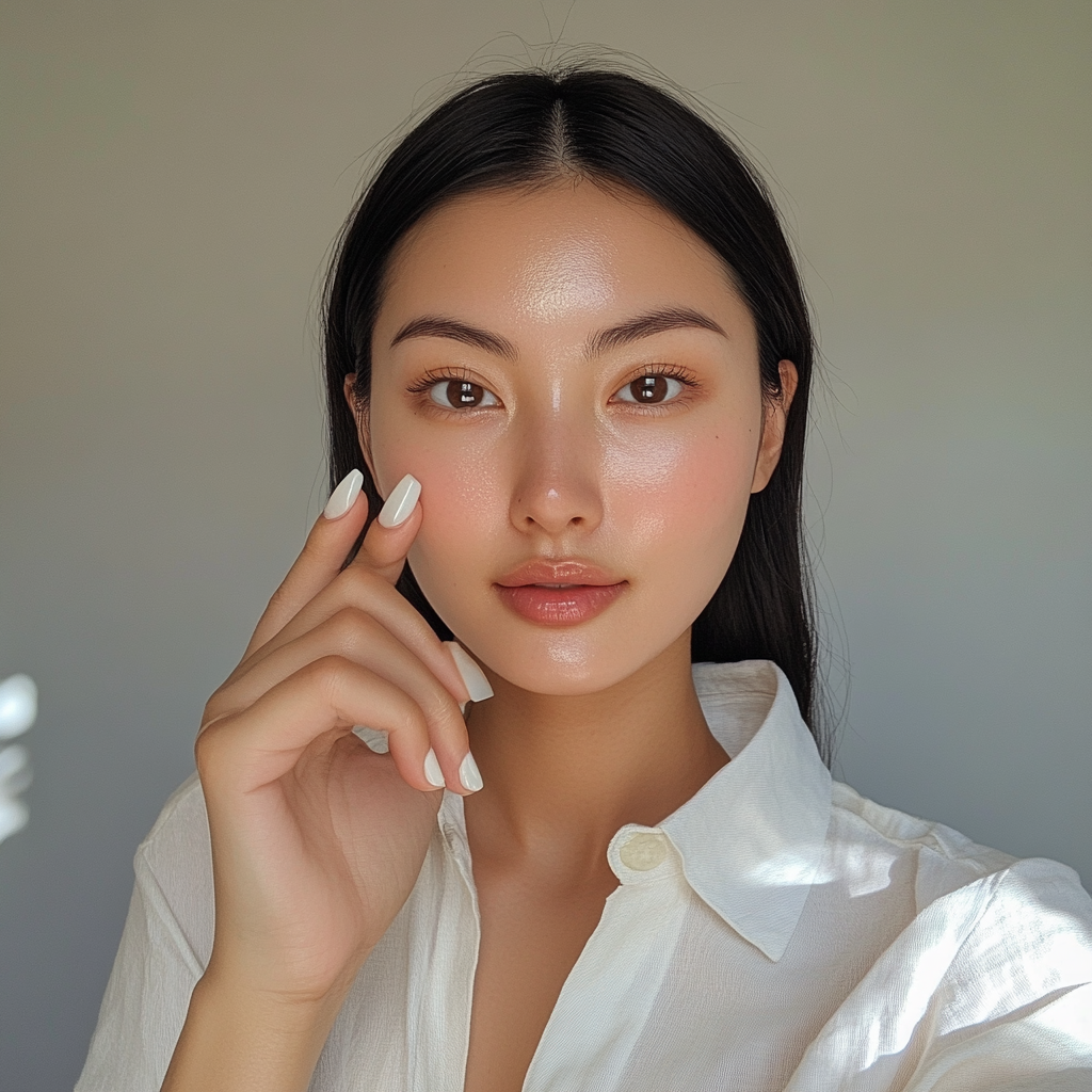 Asian woman shows off pearlescent white nails candidly.