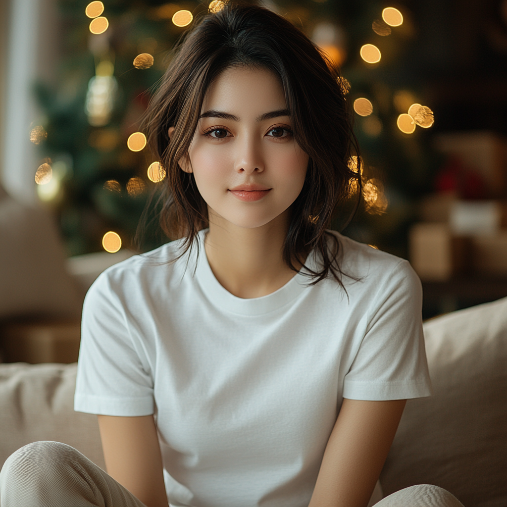 Asian woman smiling wearing white t-shirt and lounging.