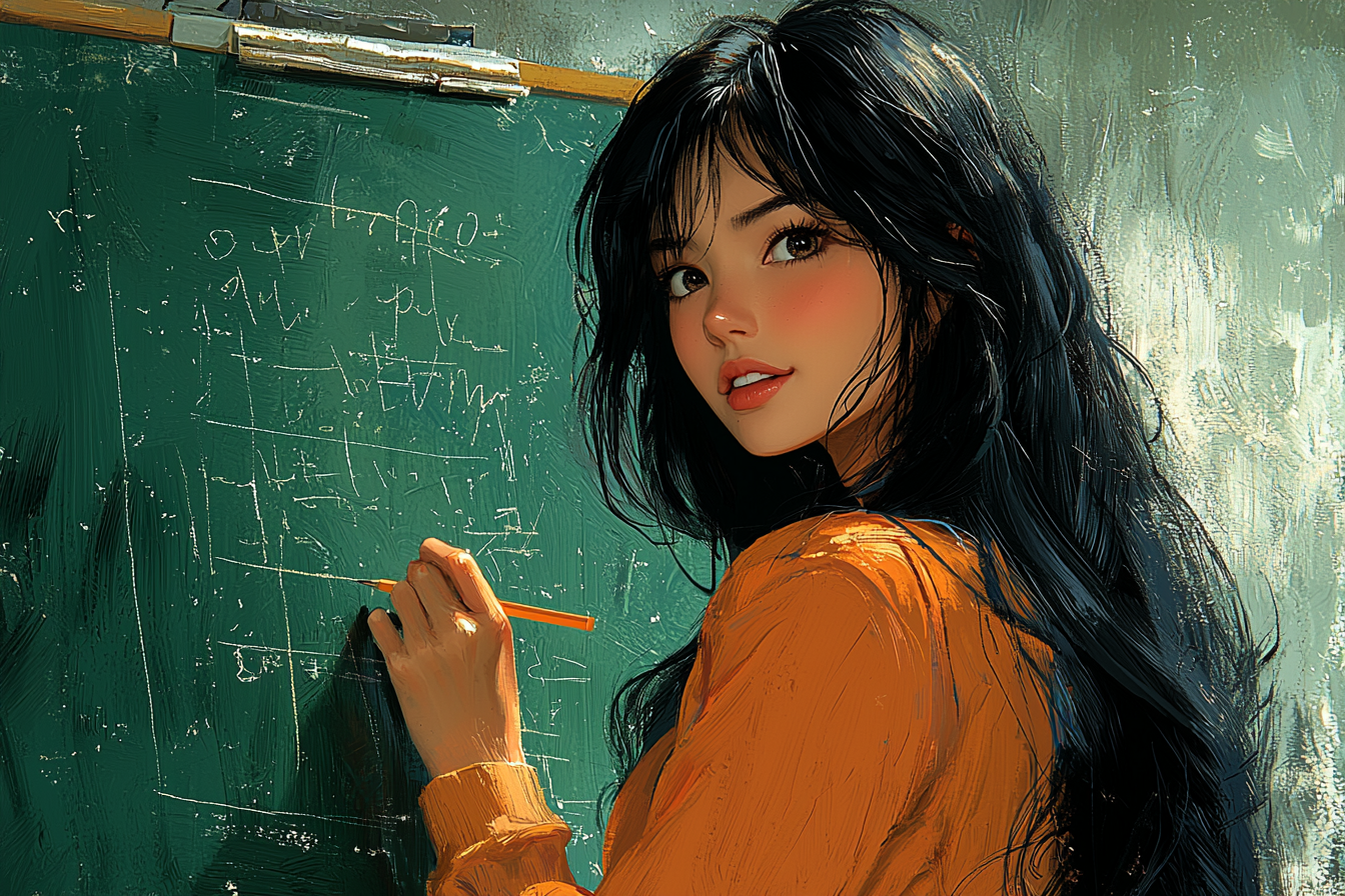 Asian woman with black hair happily writing on blackboard.