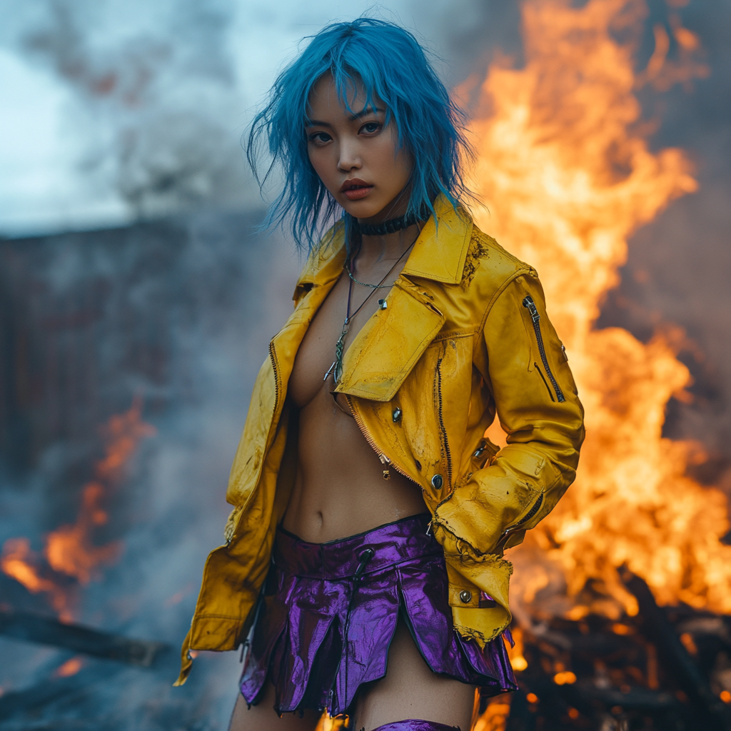 Asian woman with blue hair and baby blue eyes in purple boots and yellow jacket, standing in front of fire and smoke.