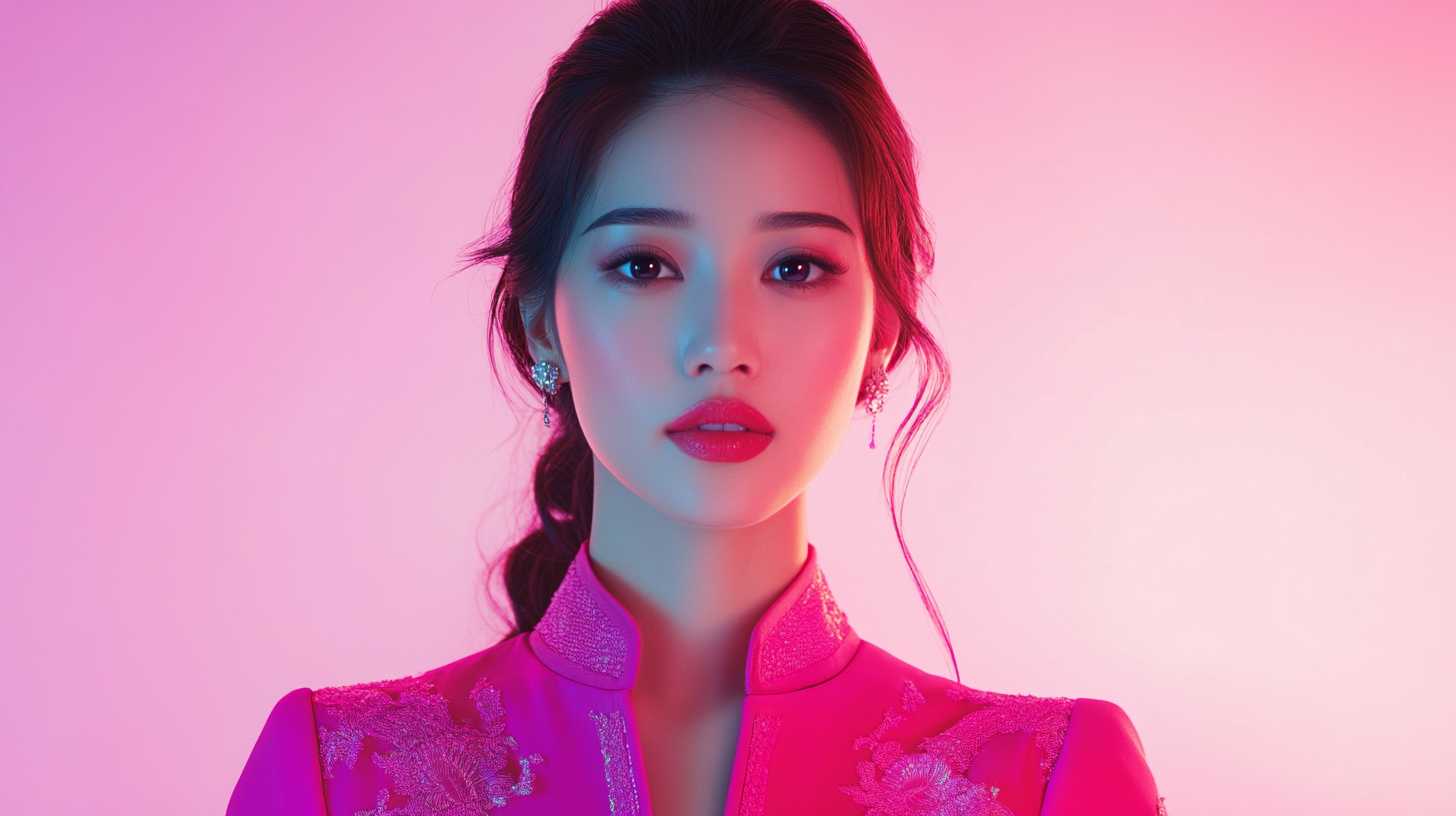 Asian woman with flawless skin, pink outfit, elegant pose.