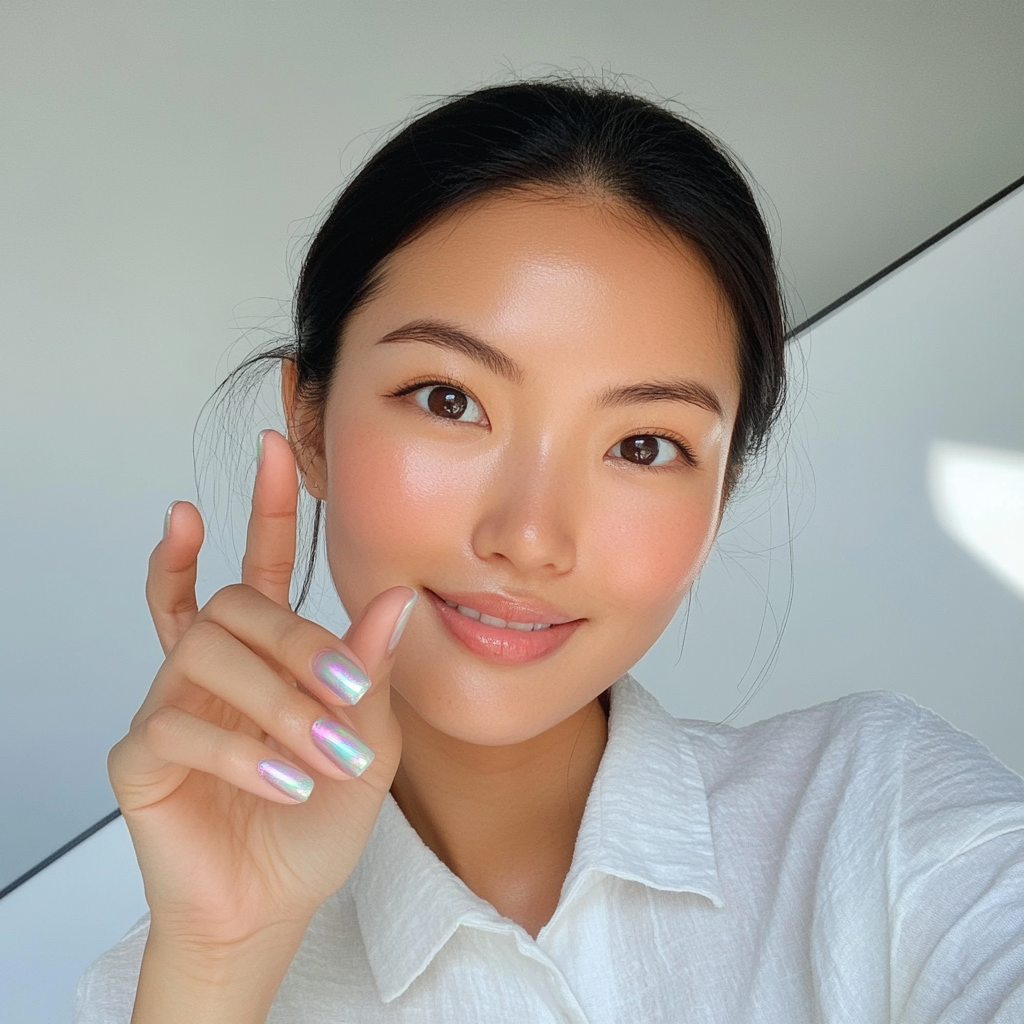 Asian woman with white iridescent nails, casual clothing.