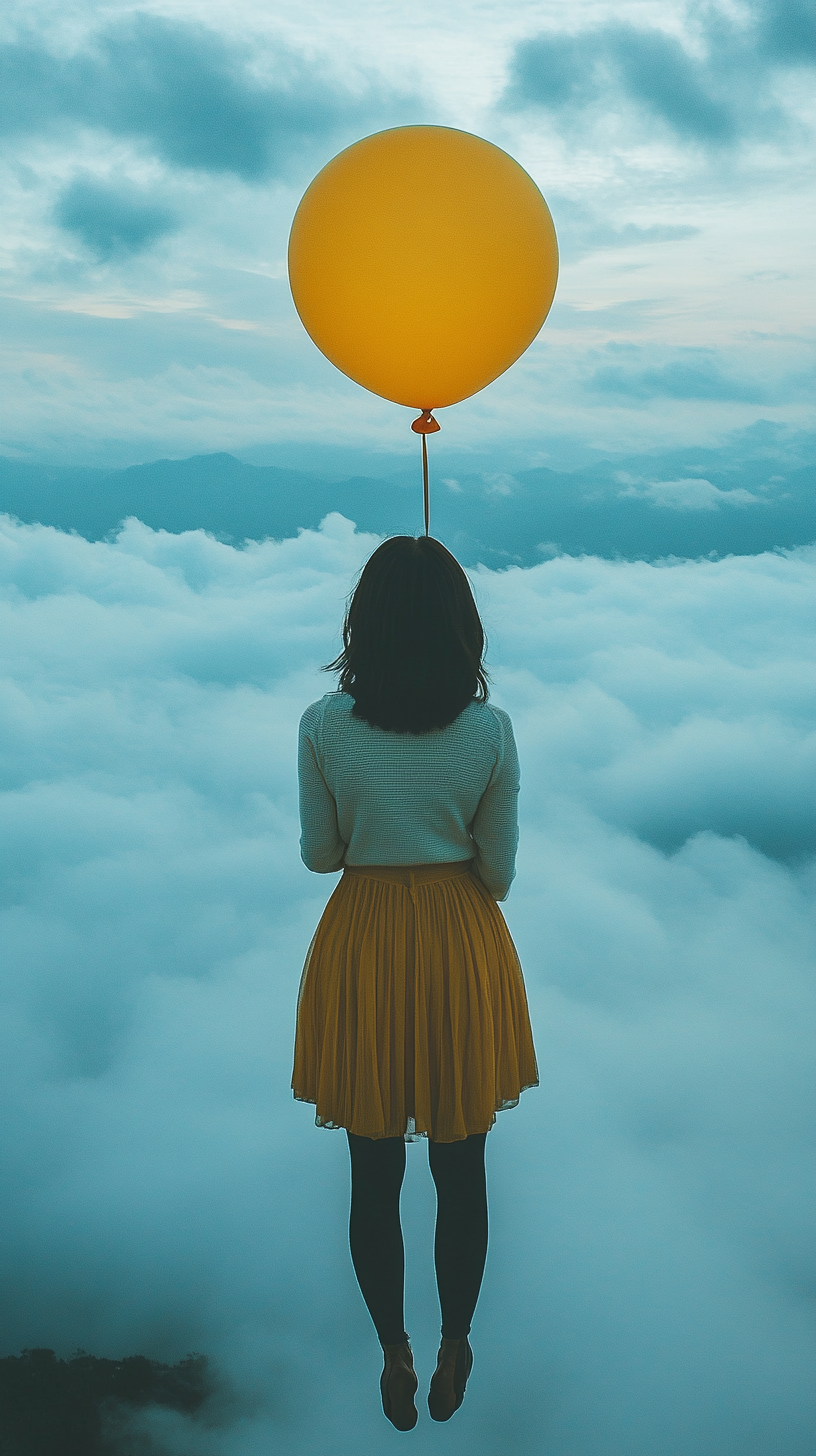 Asian woman with yellow balloon in cloudy sky.