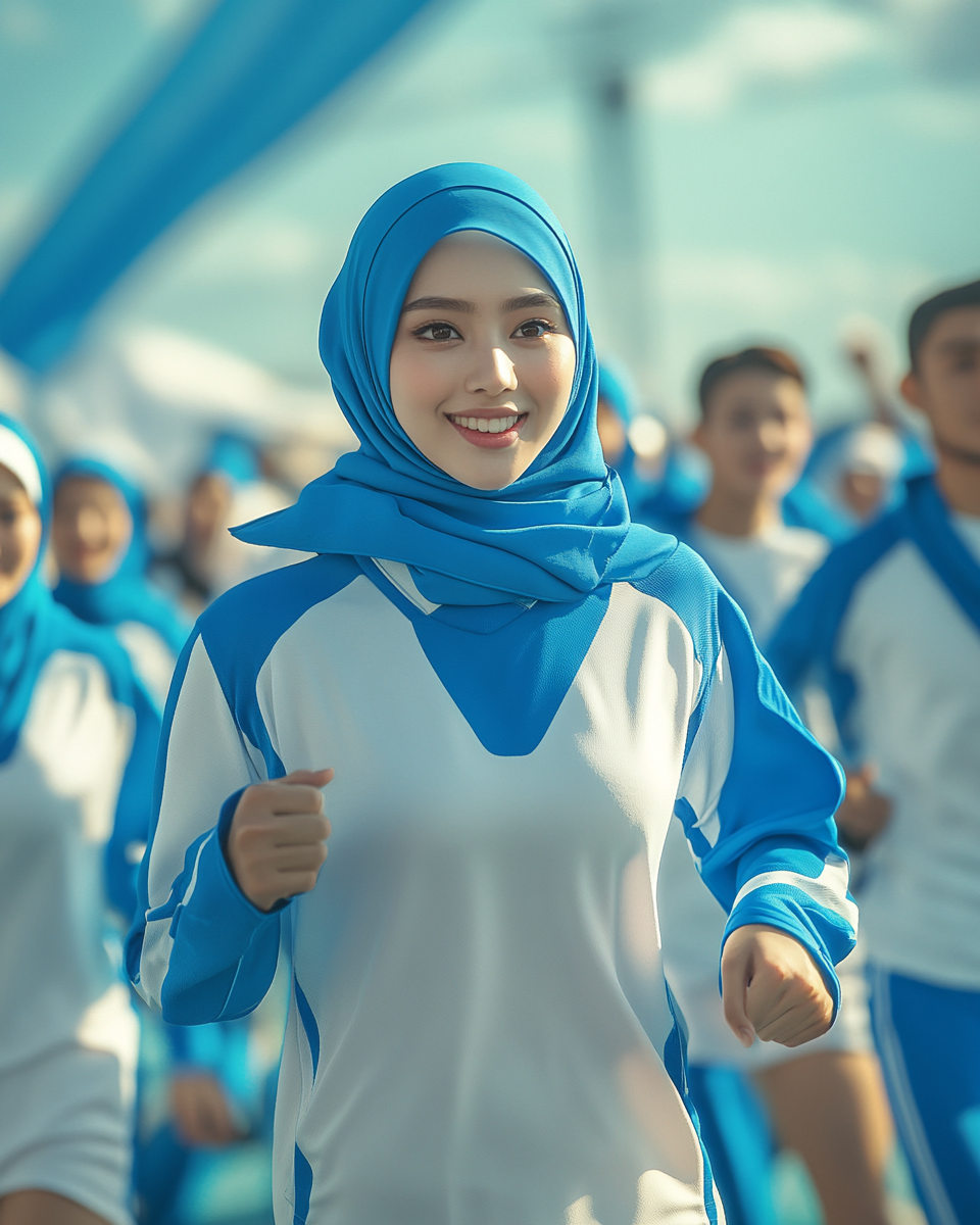 Asian workers in blue and white uniforms winning sports.