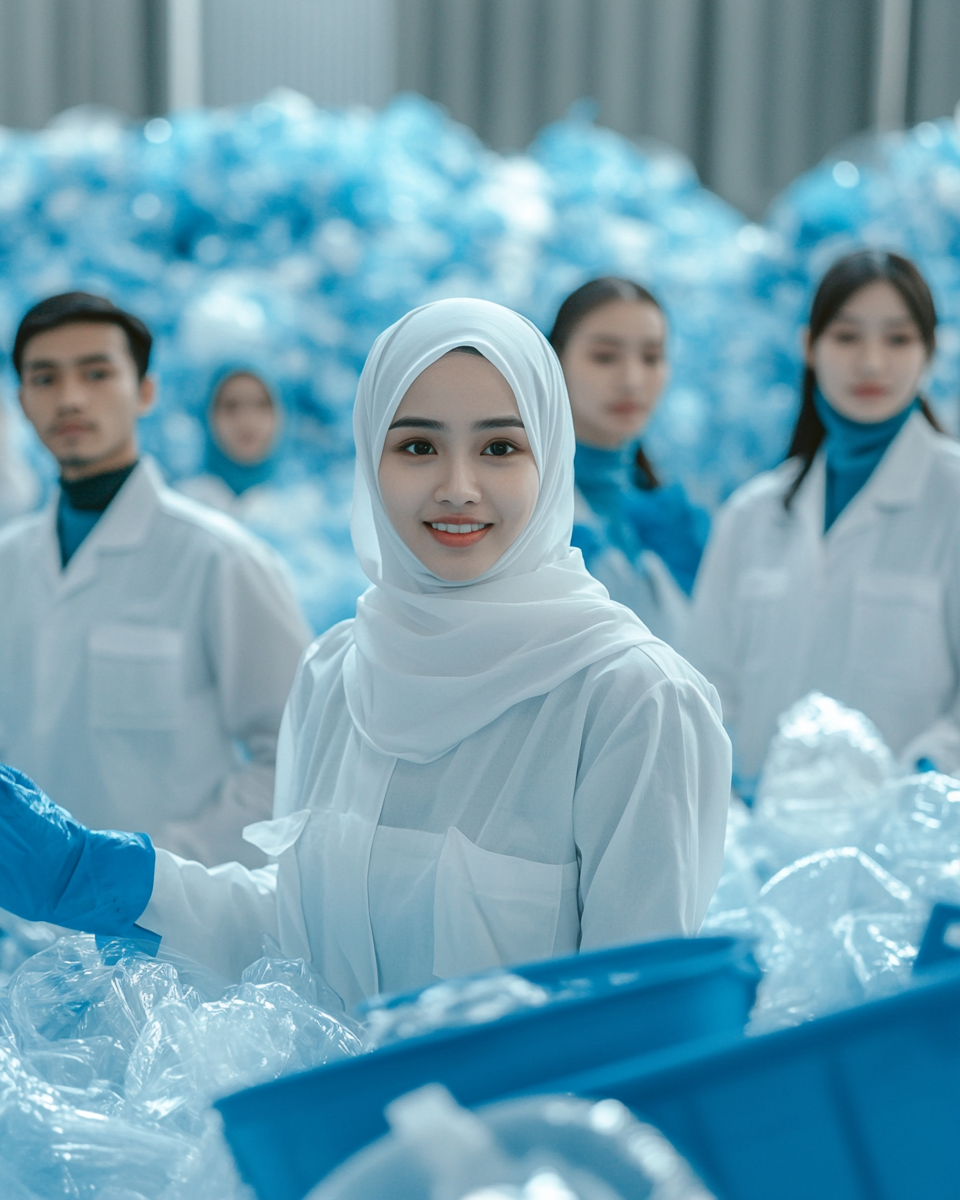 Asian workers in hijab collect trash joyfully.