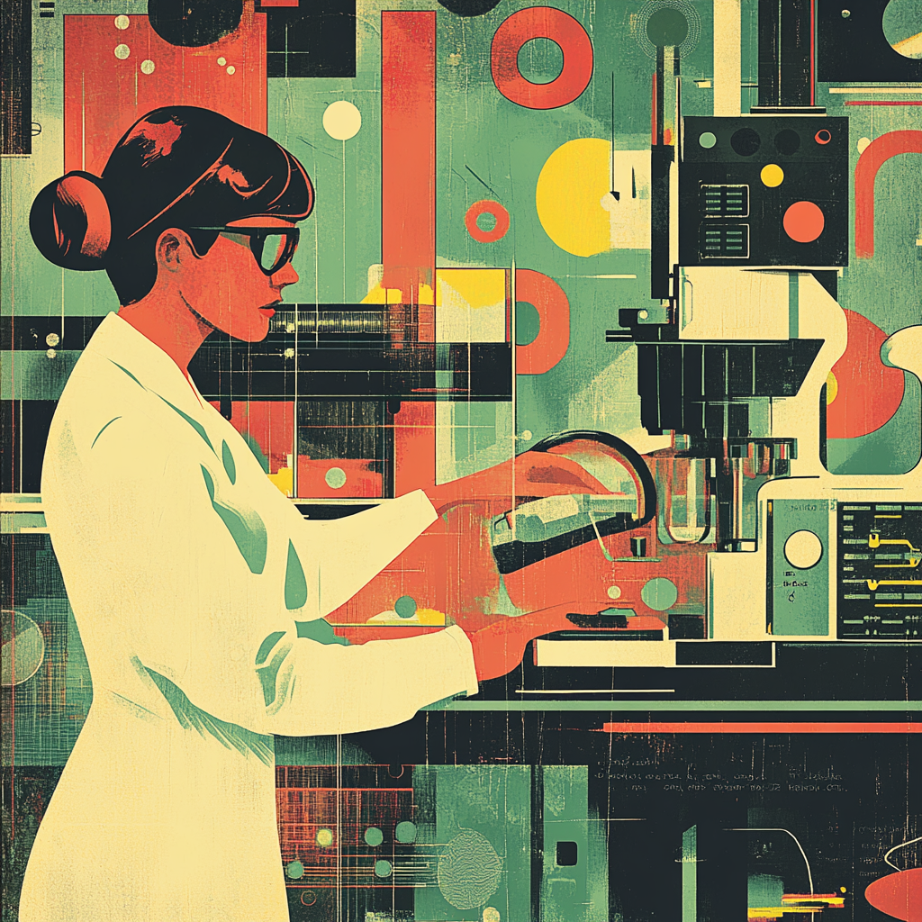 Assistant in colorful lab: surreal pop art cartoon