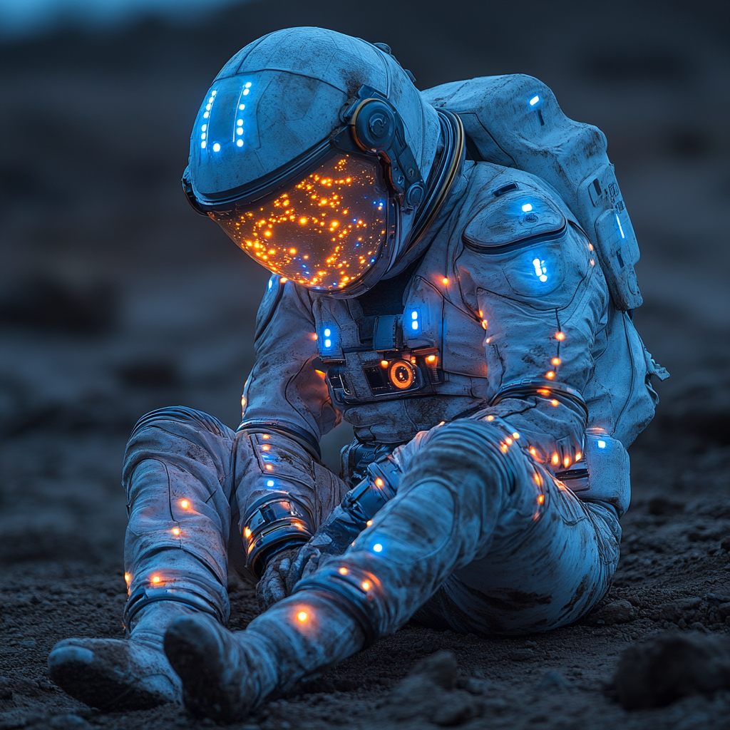 Astronaut Sitting on Dirt with Glowing Suit Buttons