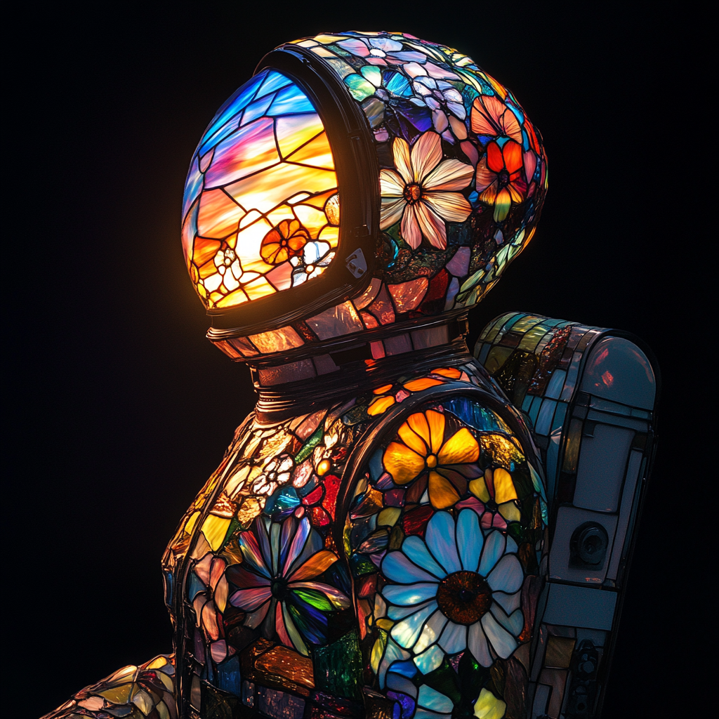 Astronaut Woman Stained Glass Flowers Space Light HD Photo