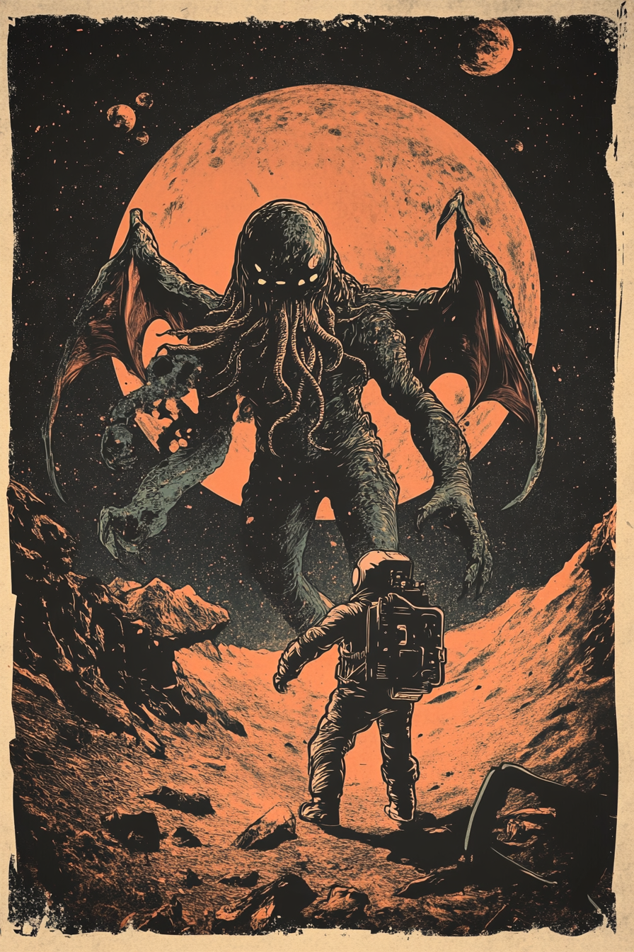 Astronaut battles giant monster on Mars in graphic.