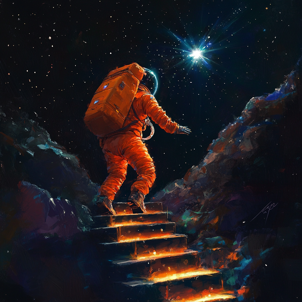 Astronaut climbs glowing steps towards star in space. 