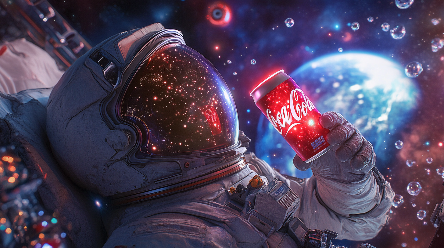 Astronaut drinks Coke Zero in futuristic space setting.