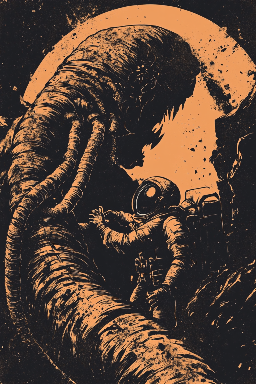 Astronaut faces giant worm on Mars in artwork.