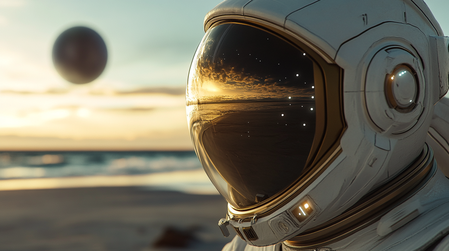 Astronaut helmet with advanced technology and beach reflection