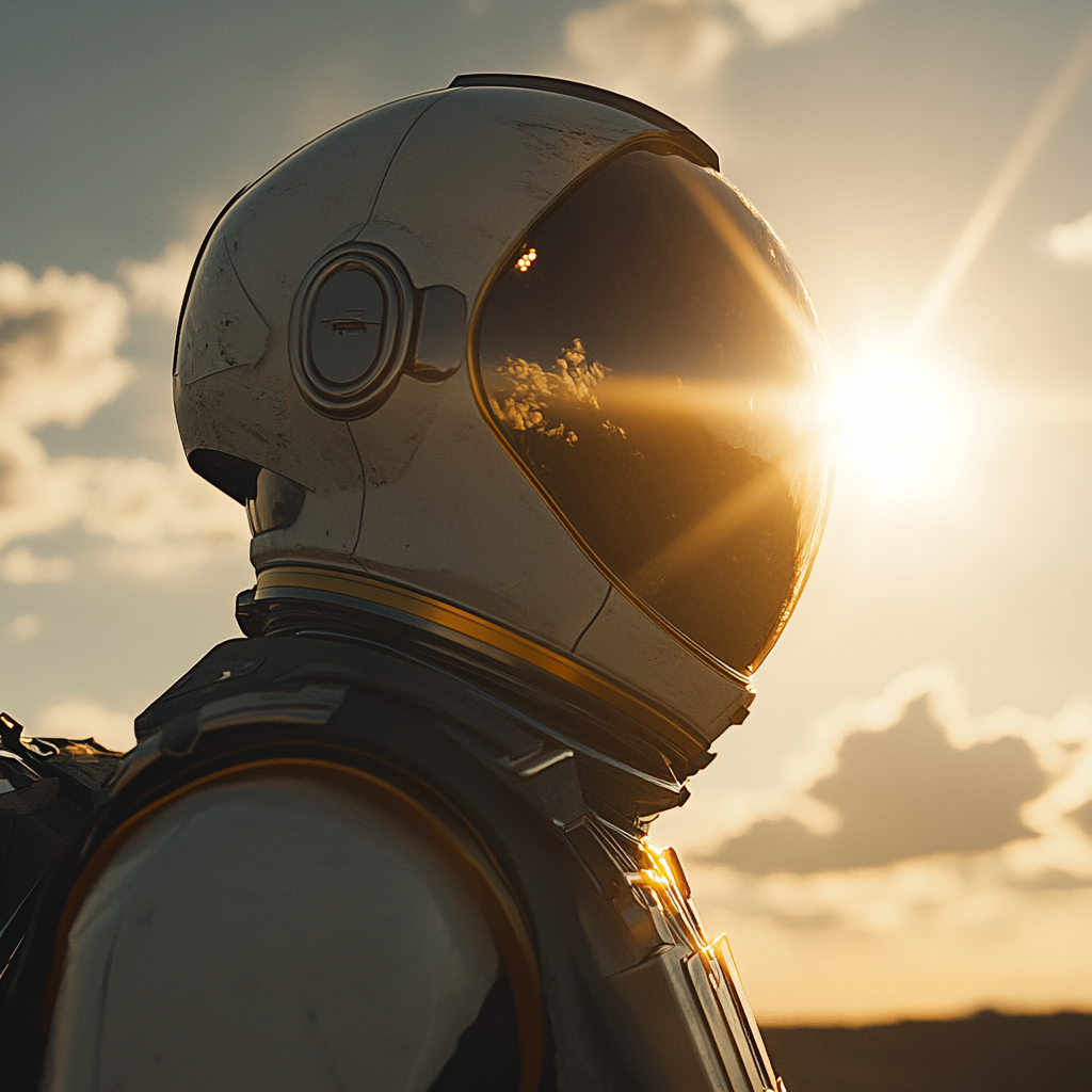 Astronaut in space, reflecting sun on helmet. Detailed scene.