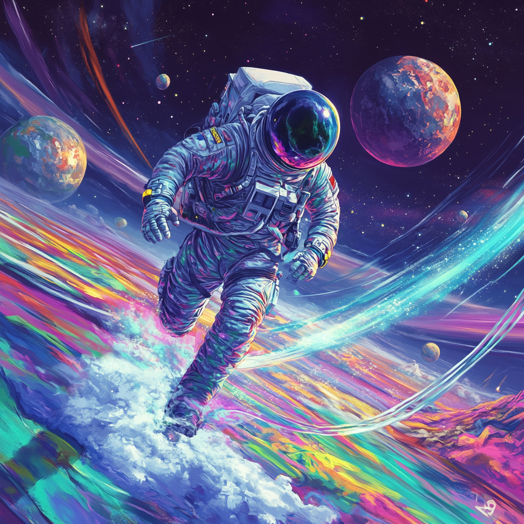 Astronaut in spacesuit running on colorful planet. Sky dark.