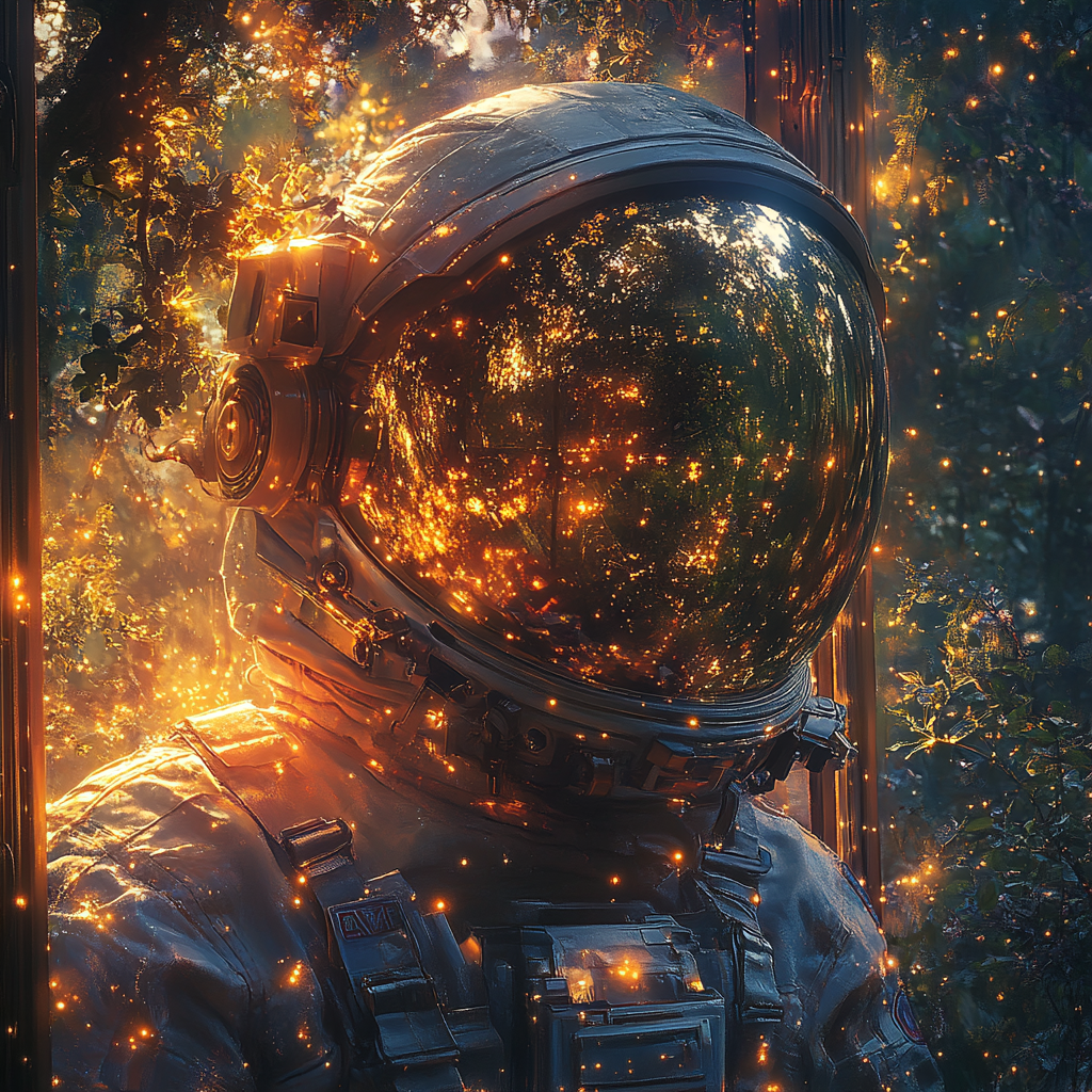 Astronaut reflecting on life, earth through window, neon lights.