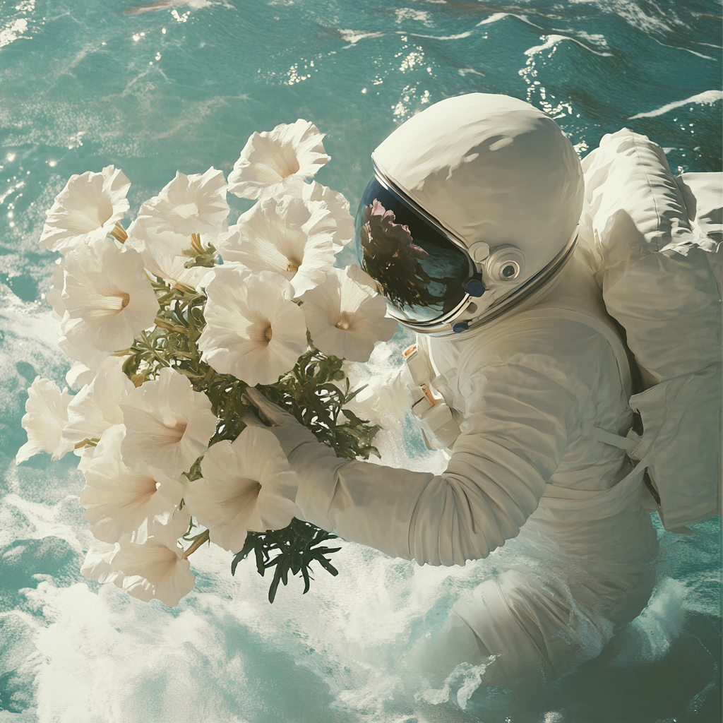 Astronaut woman picking petunias from water surface bouquet