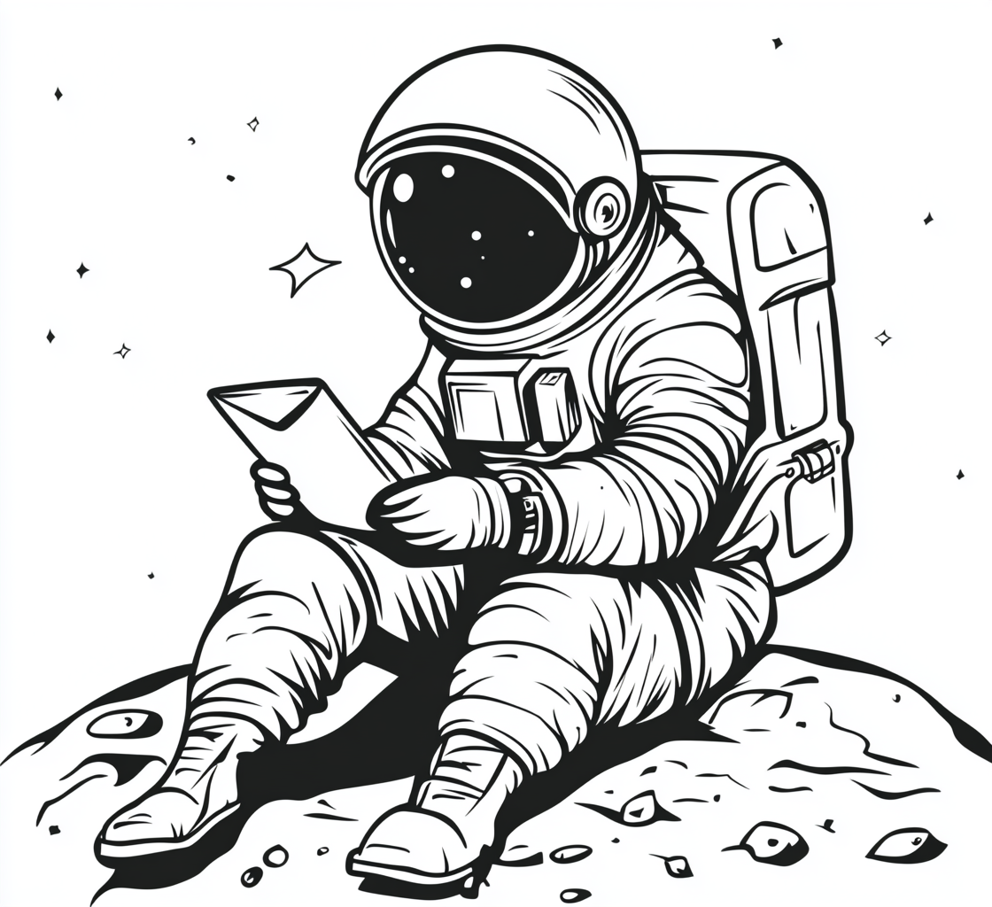 Astronaut writing letter in space, simple line art.