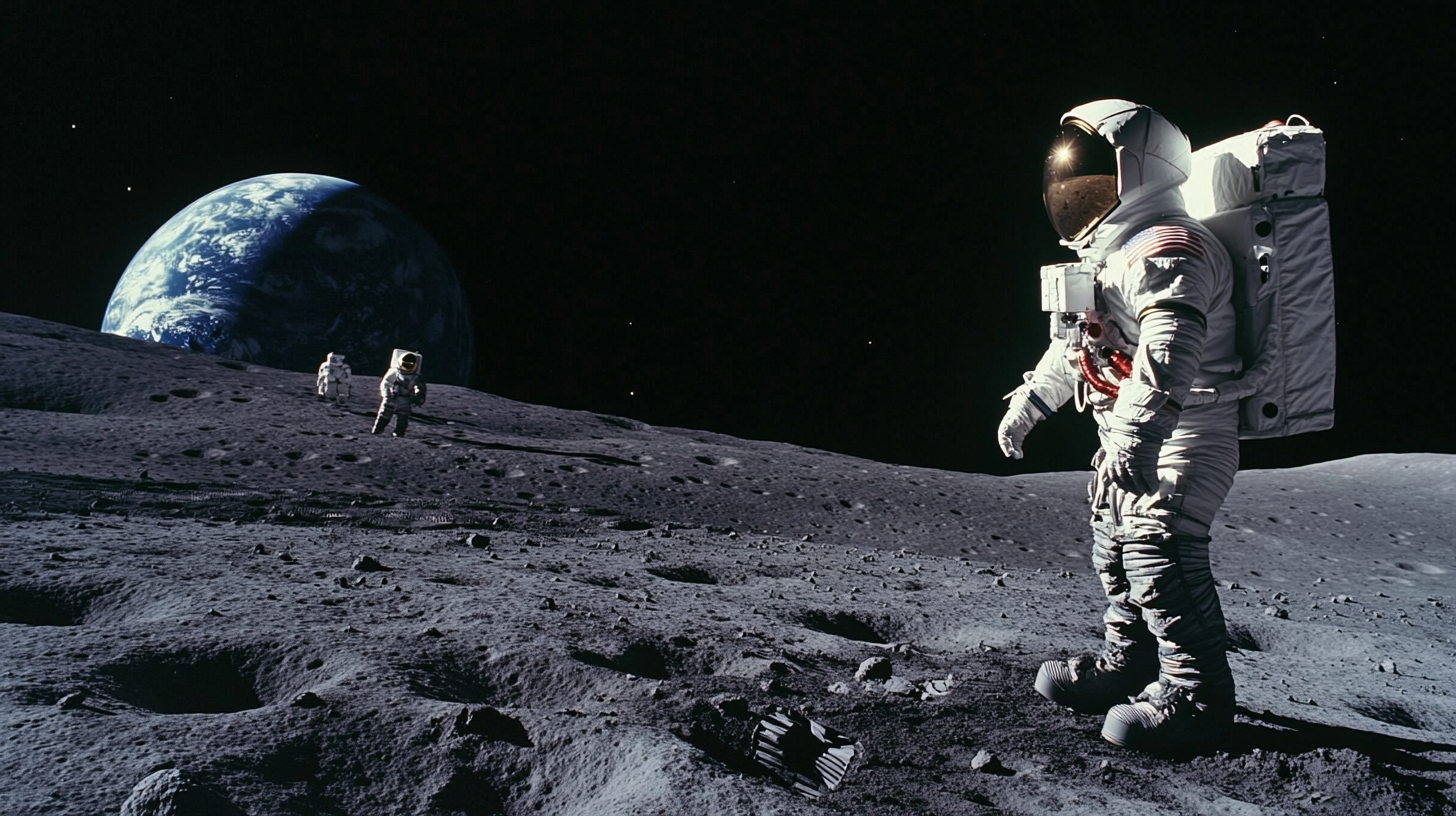 Astronauts explore Moon's surface with Earth visible.