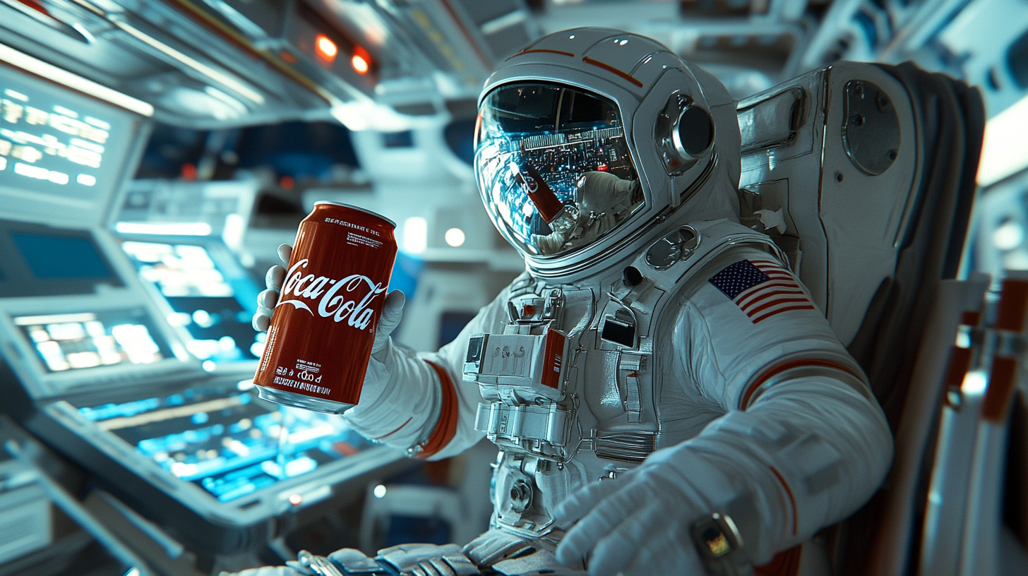 Astronauts floating, one grabs Coca-Cola can.  