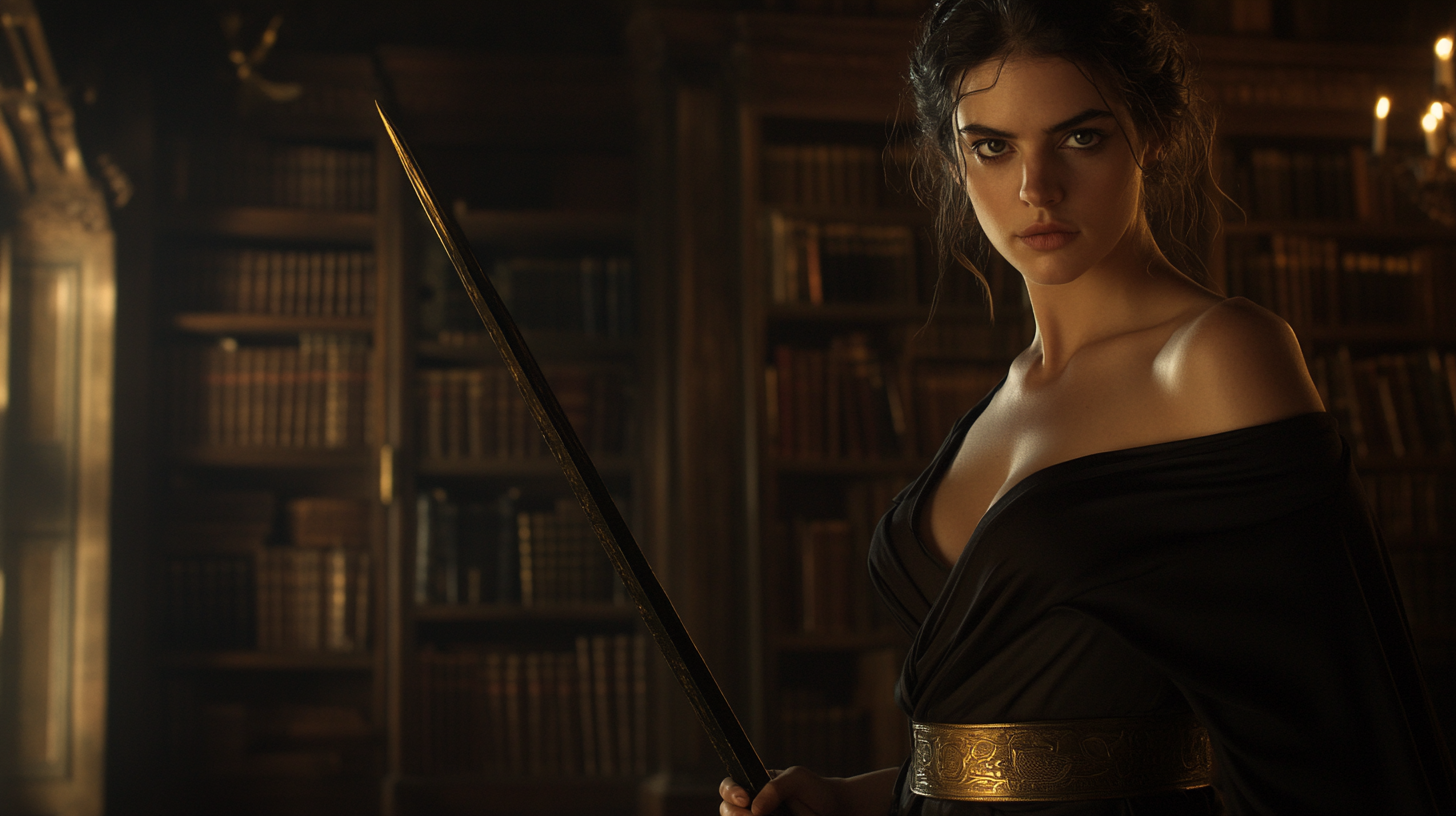 Athena in Shadowy Library: A Cinematic Vision