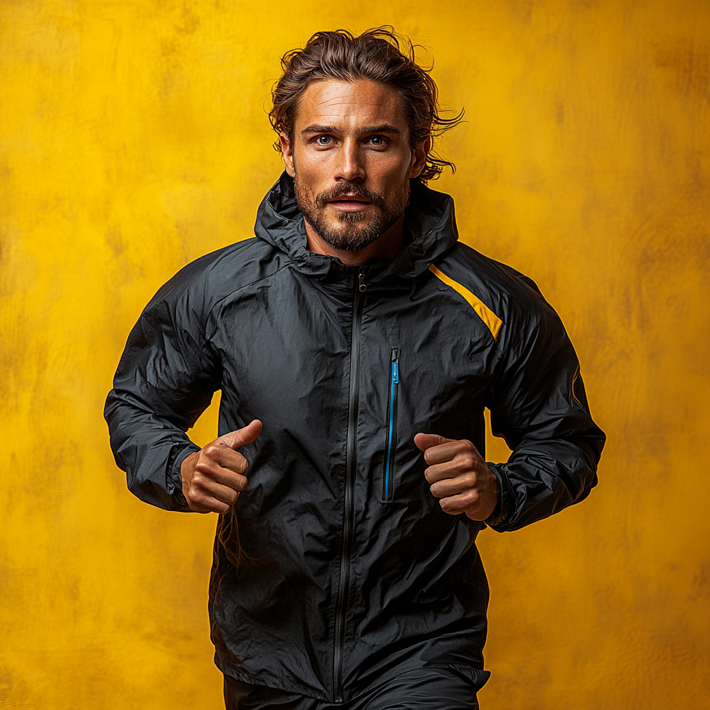 Athlete Running Swiftly in Colorful Windbreaker Jacket