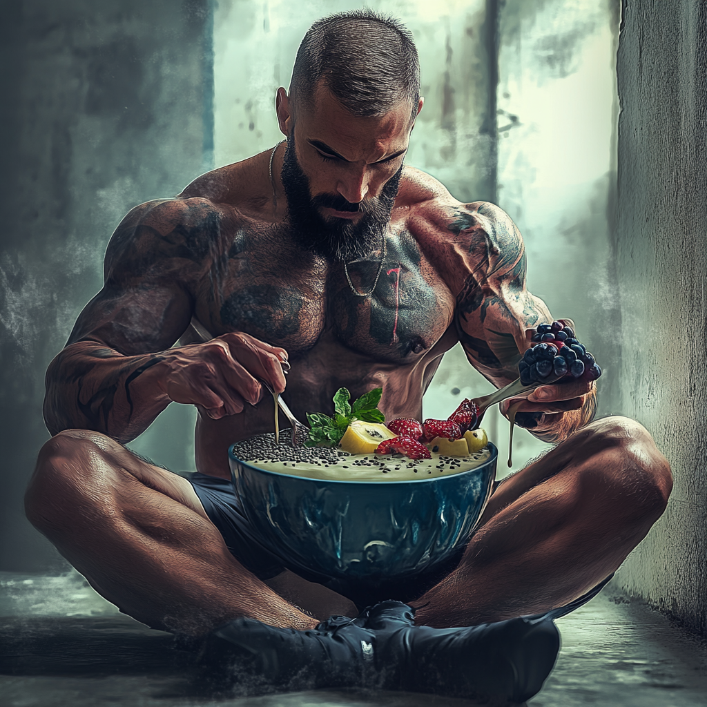 Athlete rests with smoothie bowl after hard workout.