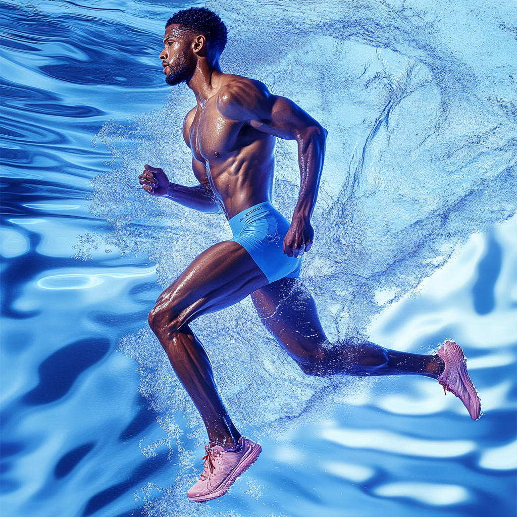 Athlete running on water, muscles visible, dynamic lighting