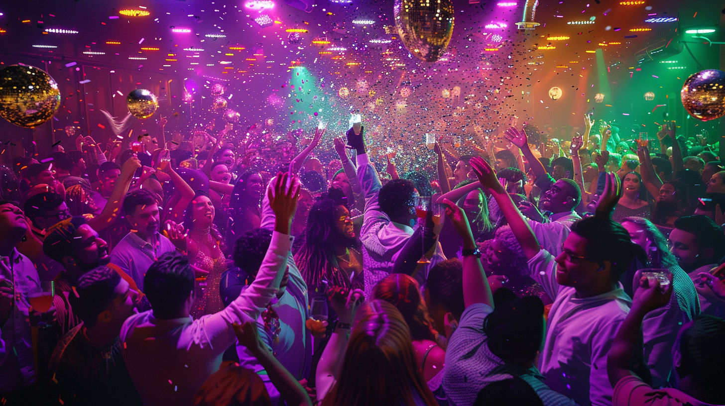 Athletes and politicians party under colorful nightclub lights, dancing.