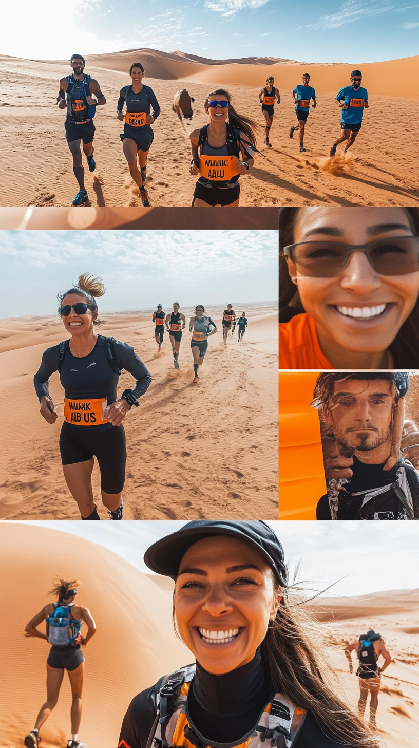 Athletes running in desert, elder athlete smiling in desert.