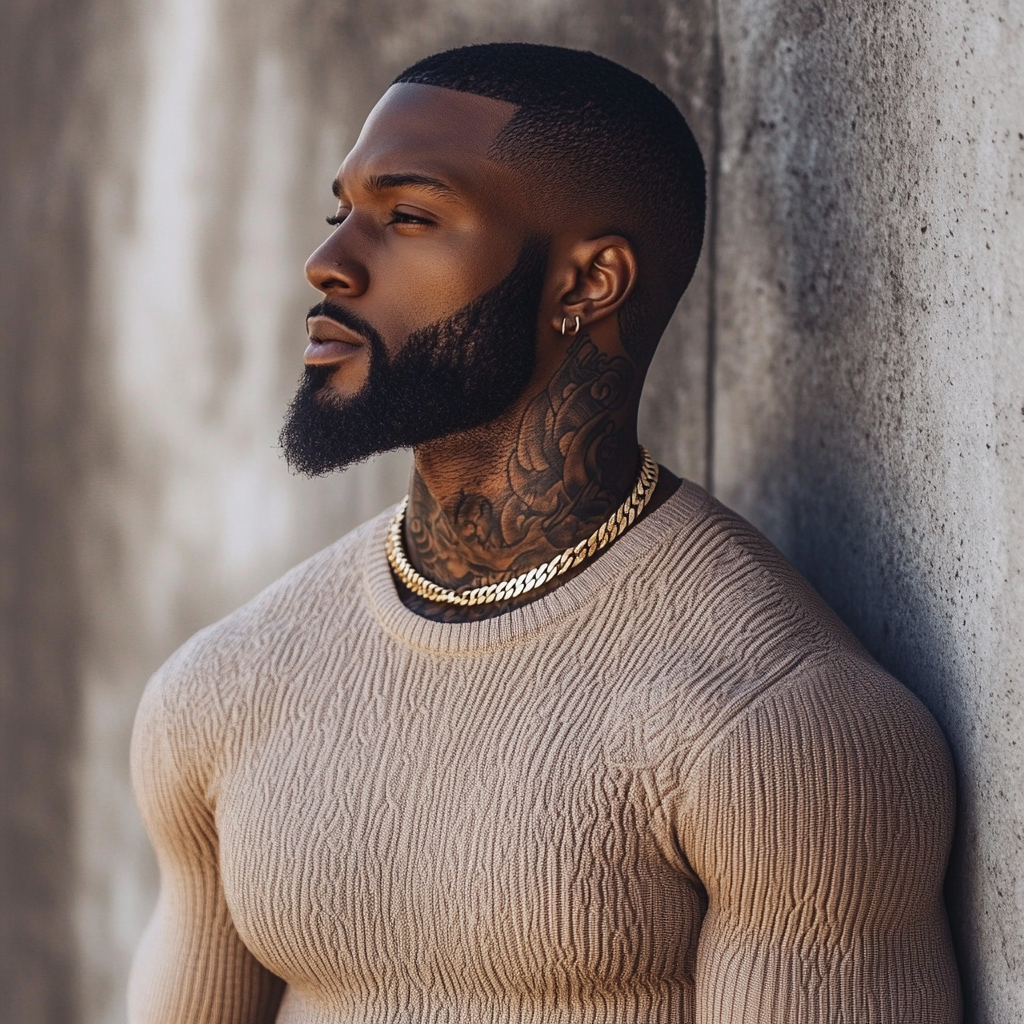 Athletic Black Man with Detailed Neck Tattoos Street Style Portrait