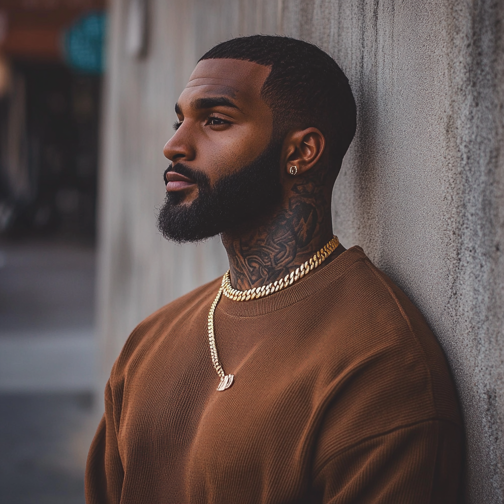 Athletic Black man with detailed neck tattoos, beard