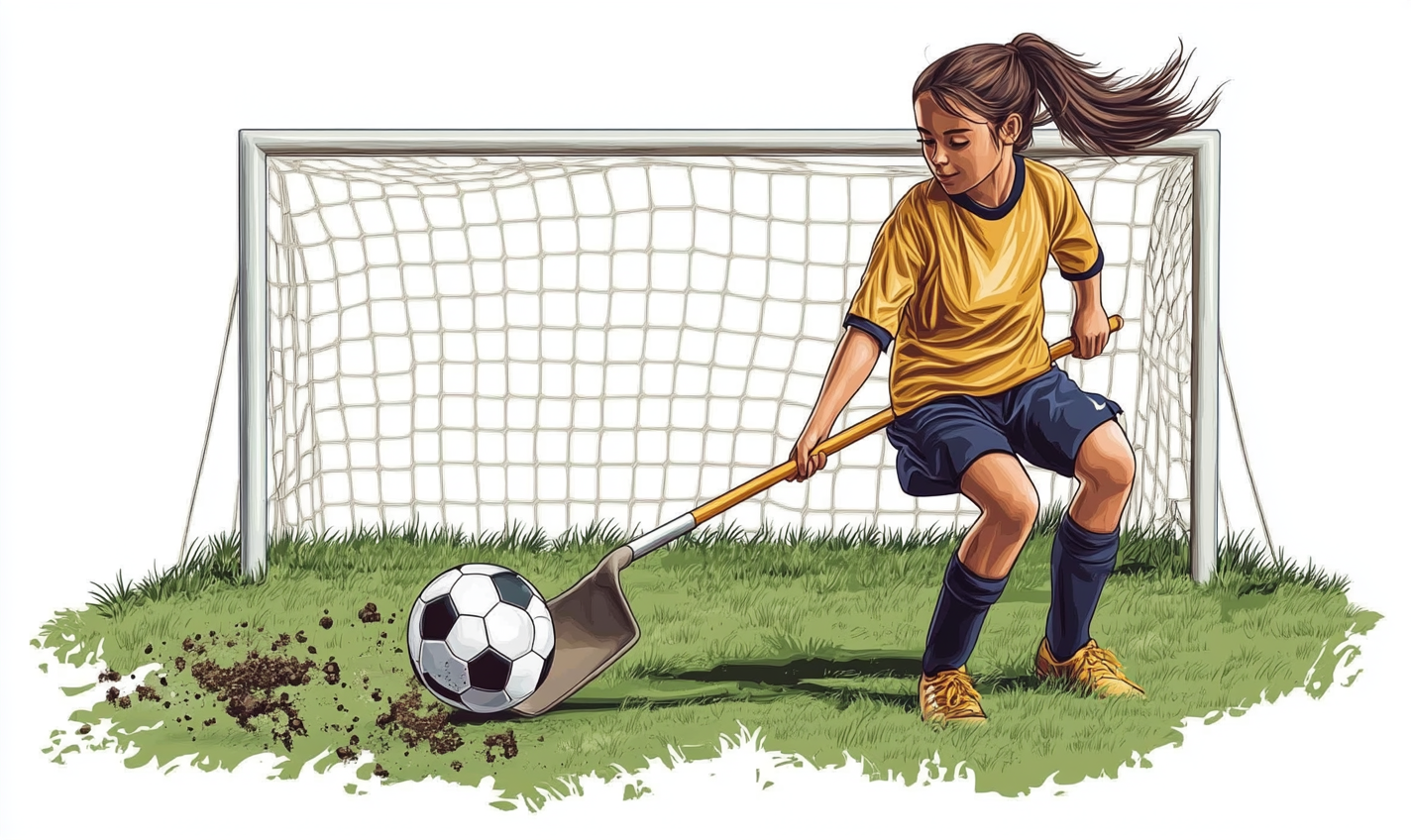 Athletic biracial girl guards soccer goal cartoon style