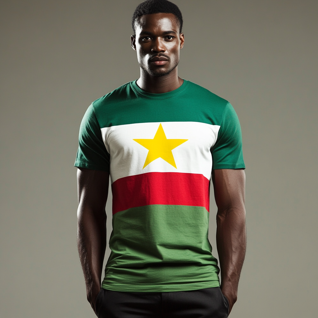 Athletic black man wears t-shirt with vibrant flag theme.