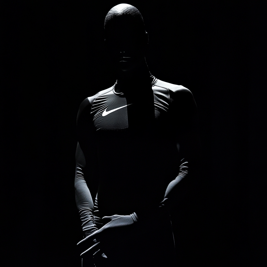 Athletic mannequin in Nike gear against black background.