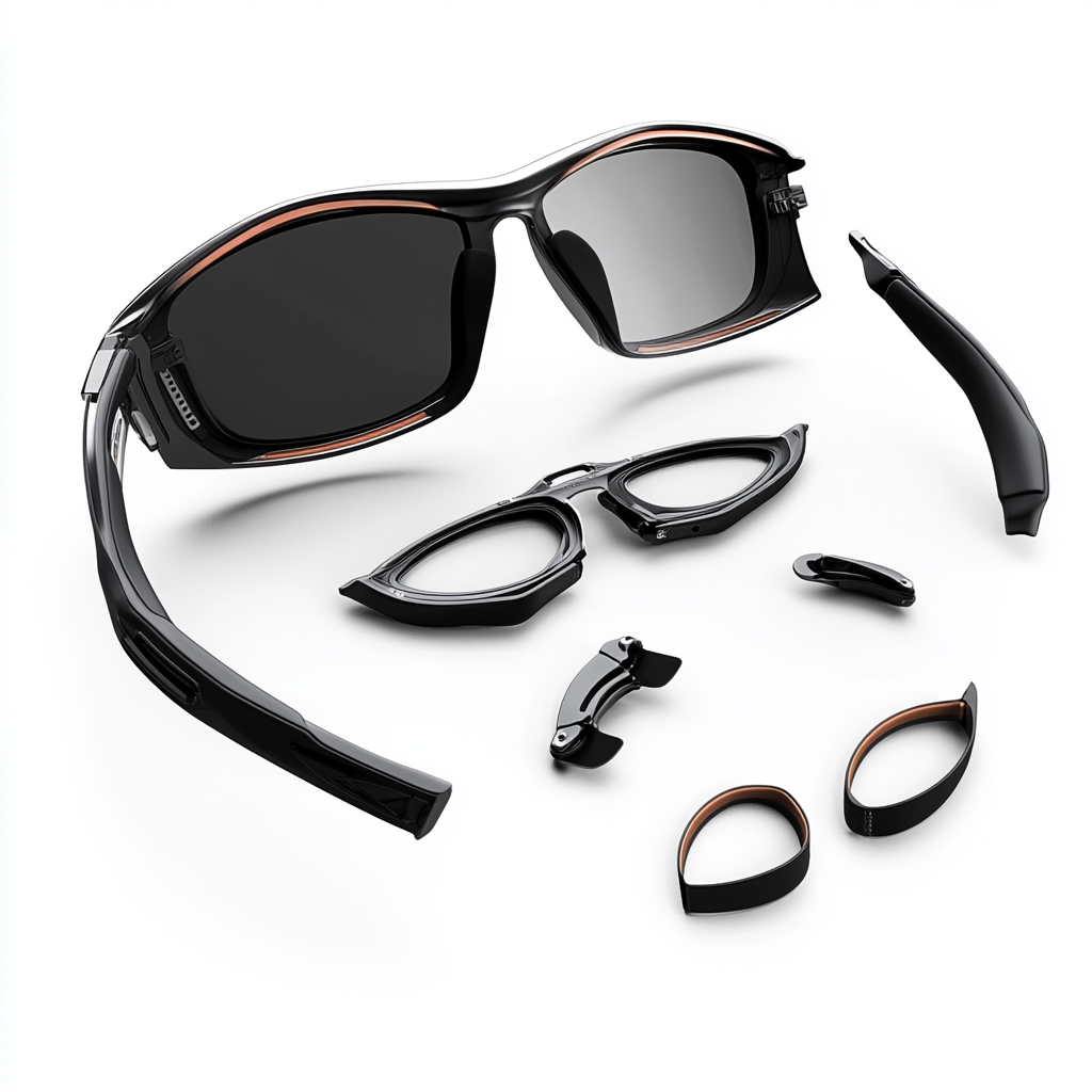 Athletic sunglasses shown in exploded view with 3 components.