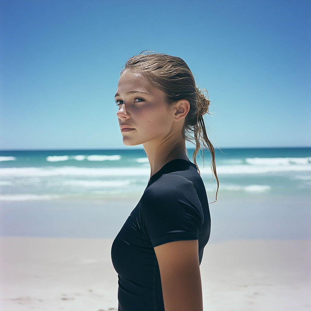 Athletic woman in black shirt on sunny beach