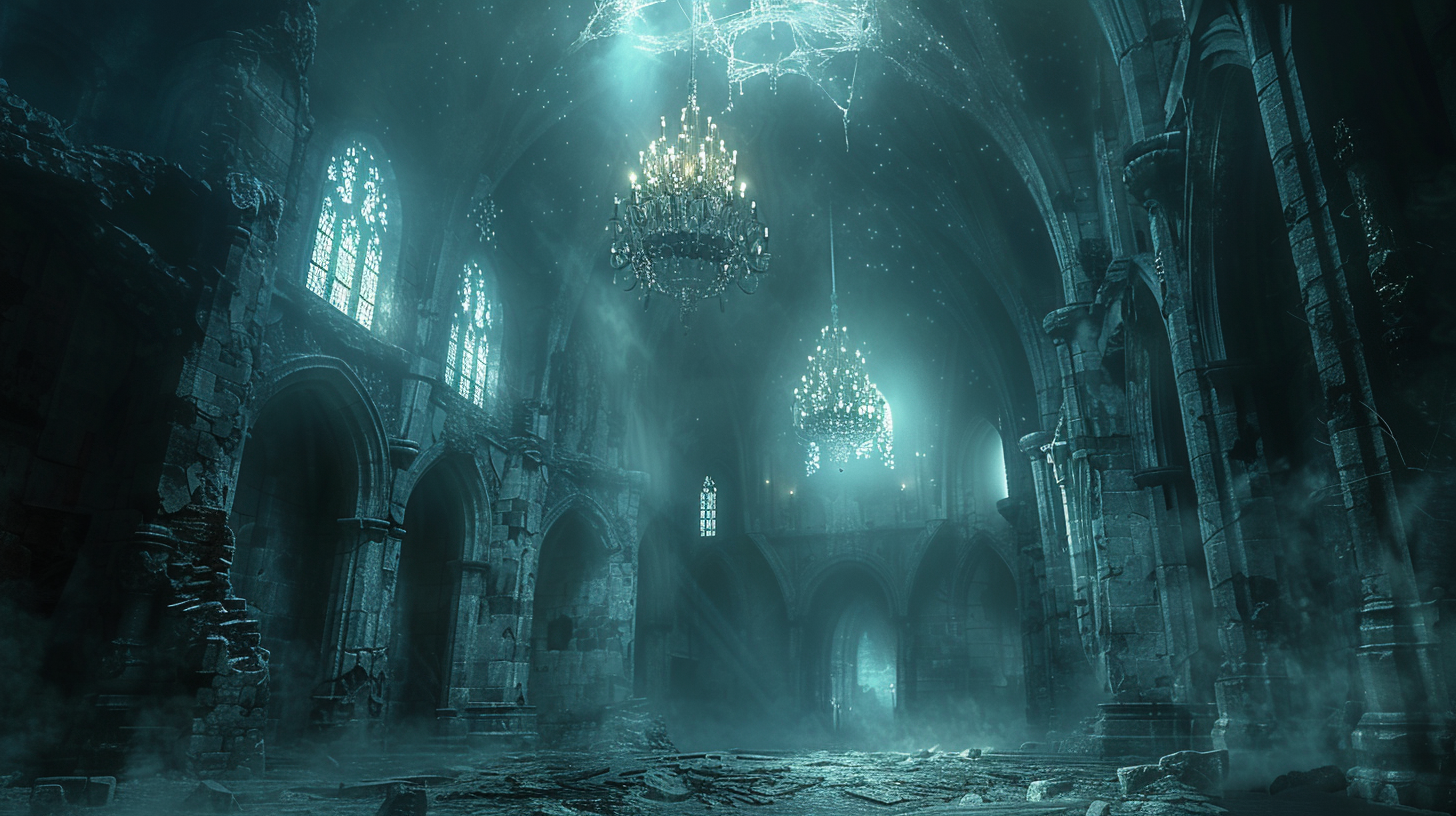 Atmospheric stone hall with broken stained glass windows.