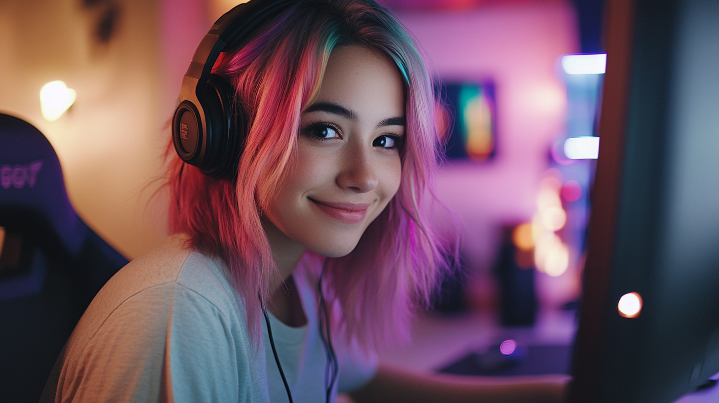 Attractive 23-year-old female sitting at computer desk smiling.