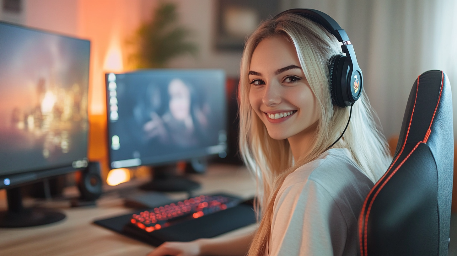 Attractive 23-year-old female smiling at computer monitor, blonde.