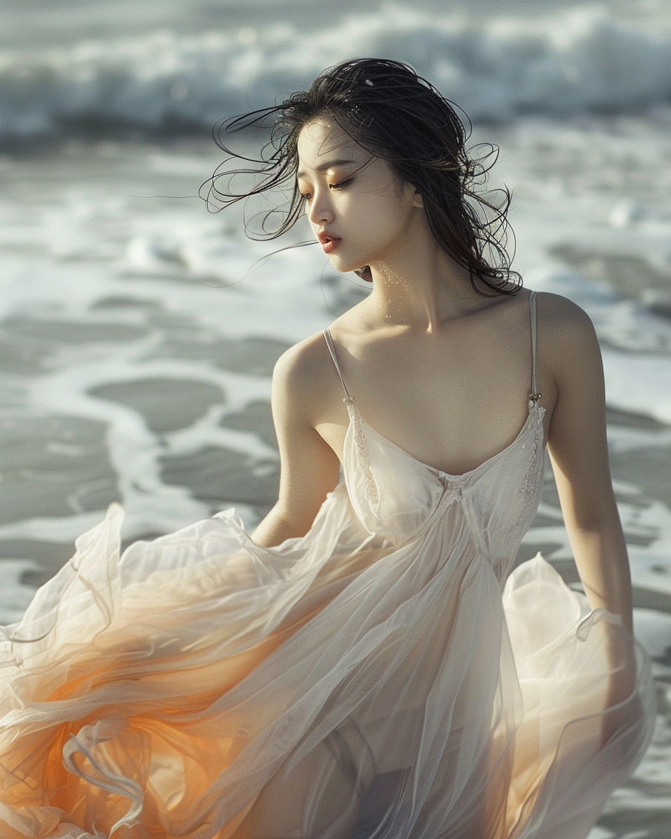 Attractive Asian girl in white dress at beach.