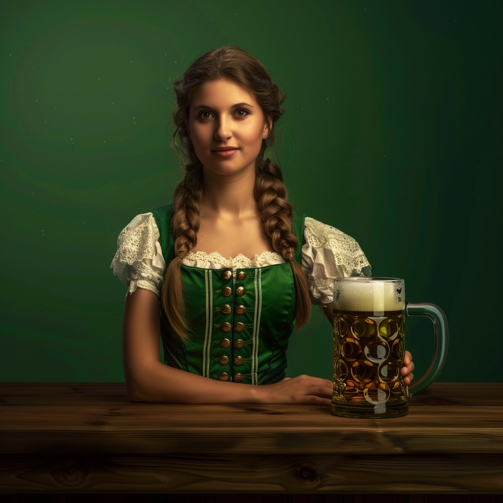 Attractive Oktoberfest Beer Maid in Green Dirndl 